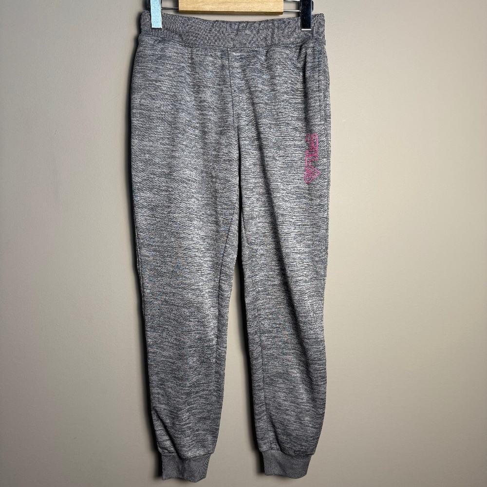 FILA Girls Light Fleece Jogger Sweatpants Gray Size XL (14-16) Pink Logo Pockets